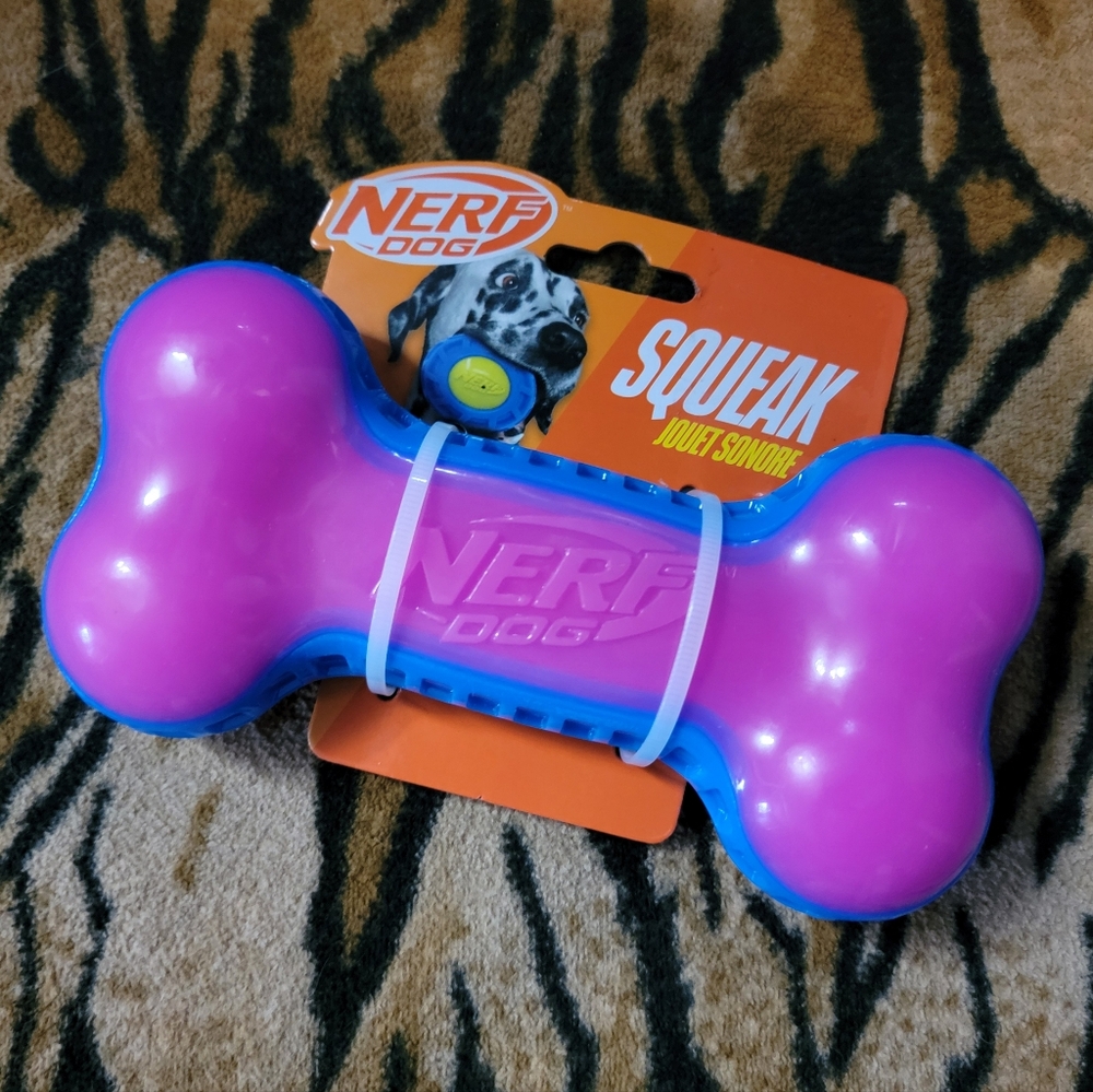 Nerf Dog Squeak Toy Bone in Pink and Blue Large New Ea.